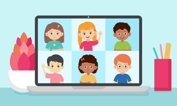 Online education vector illustration. Smiling kids on a screen of laptop. Video conference with pupils.